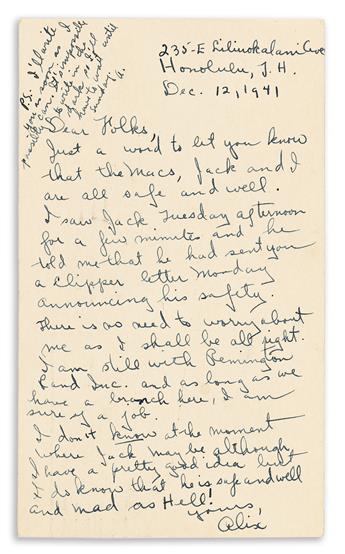 (WORLD WAR TWO.) Extensive correspondence of Ensign John P. Howatt, one of the few survivors of the USS Arizona at Pearl Harbor.